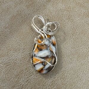 Silver Wire Wrapped Pendant with Orange and White Stone